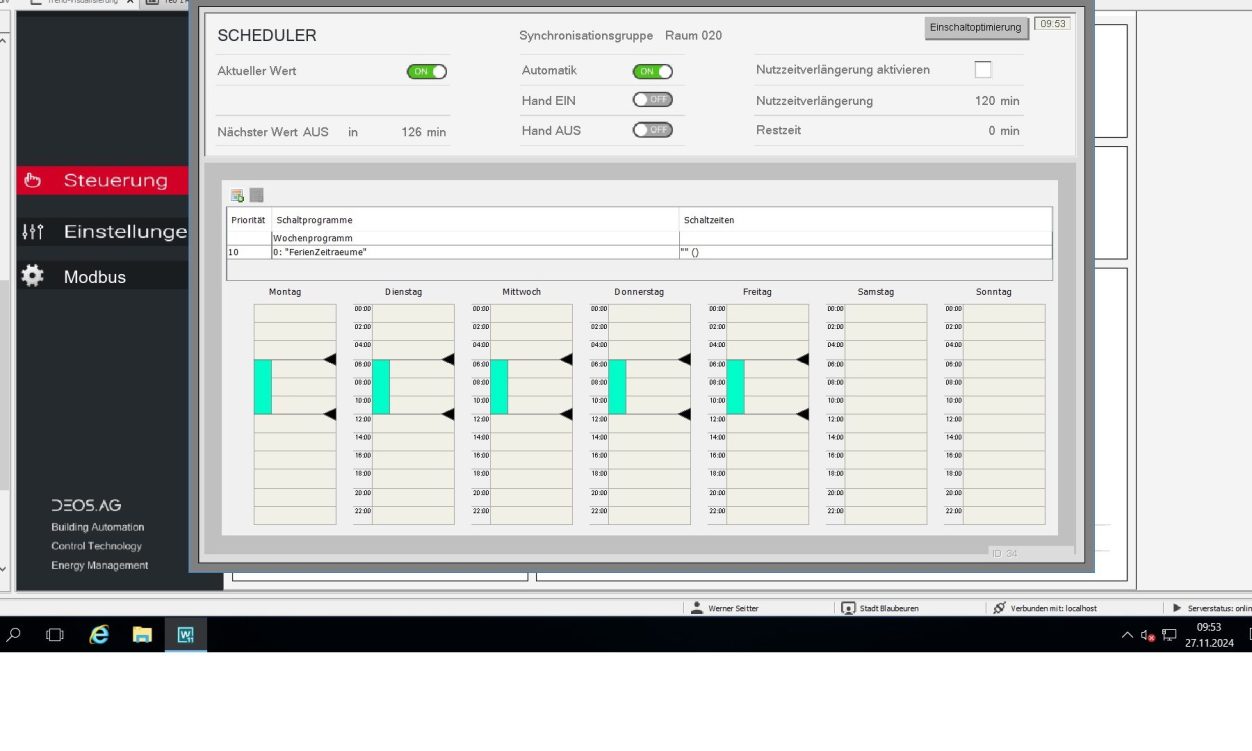 Screenshot eines Software-Dashboards mit Datenvisualisierung und Steueroptionen.